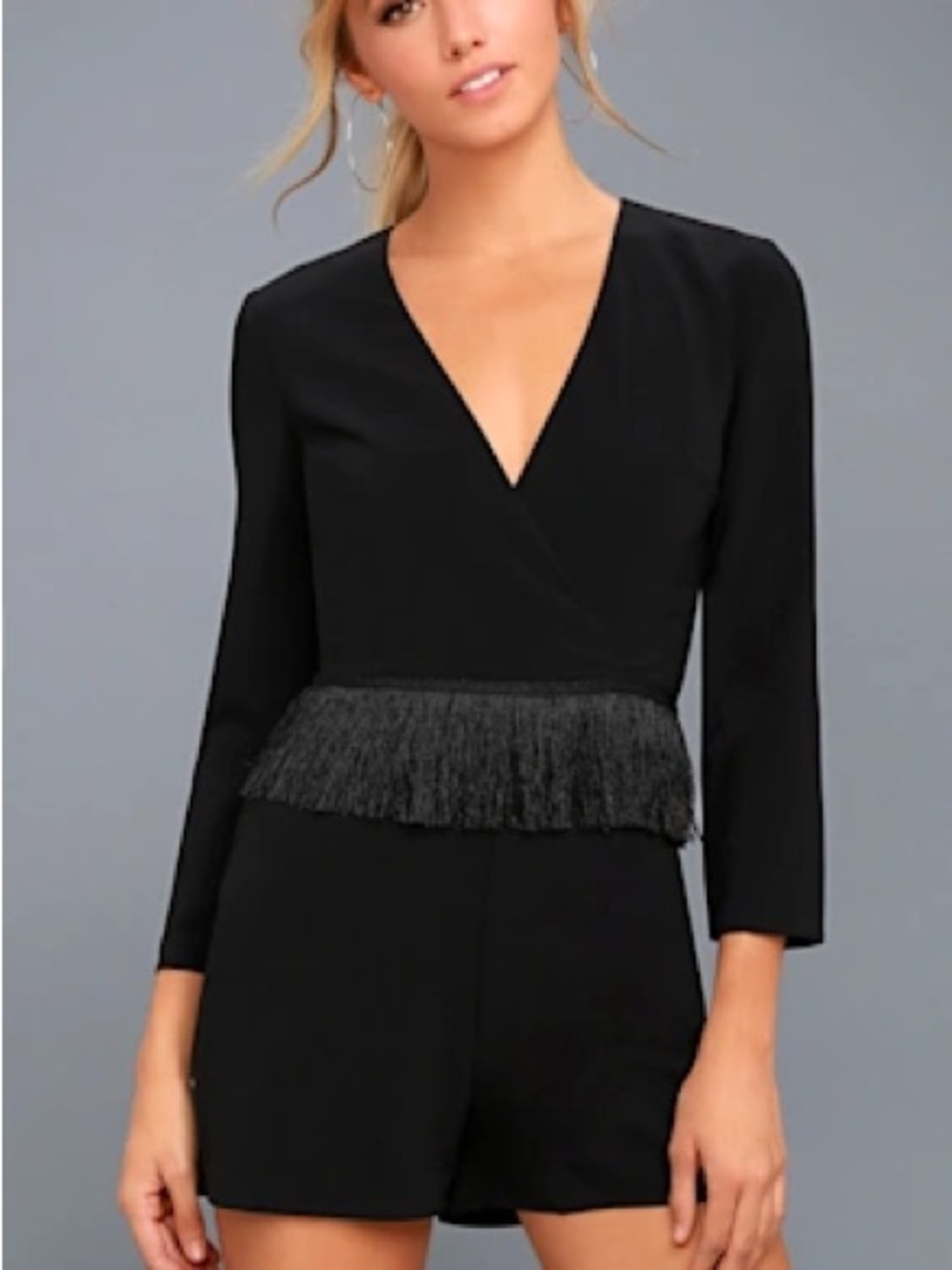 ALI & JAY Black V-Neck Fringe Peplum Top